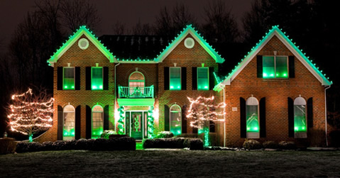 christmas light installation buisness, the roof line is decorated with frosted white,  C-9 (large bulbs), the columns are wraped with green garland and white mini lightys, the trees are trunk and canopy wraped with various colors of mini lights